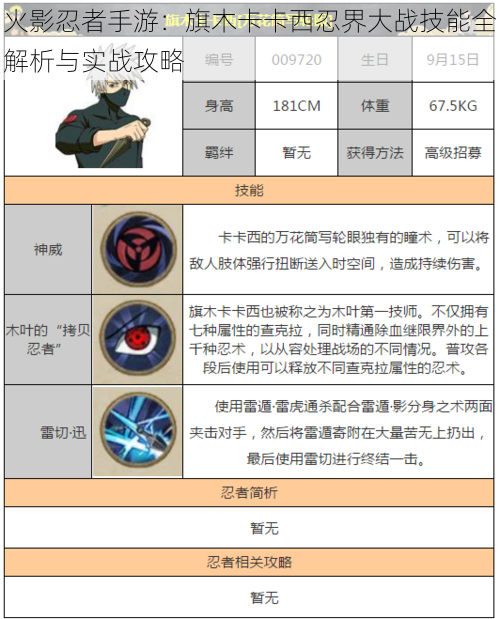 火影忍者手游：旗木卡卡西忍界大战技能全解析与实战攻略