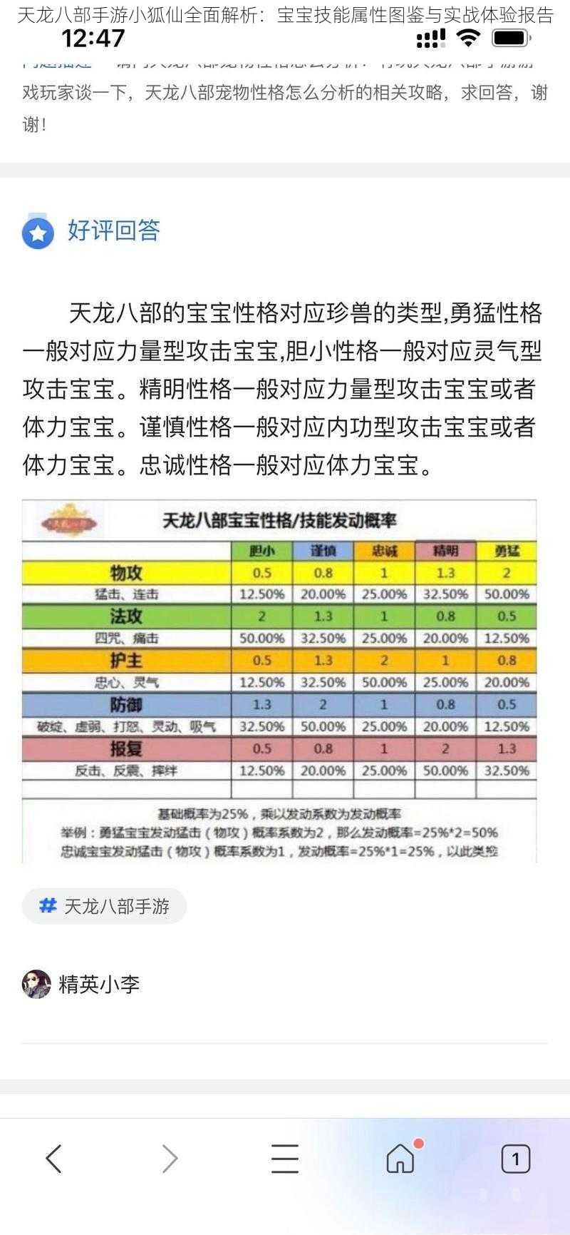 天龙八部手游小狐仙全面解析：宝宝技能属性图鉴与实战体验报告